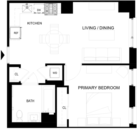 Floor plan for 1 bed, 1 bath, 550 sqft